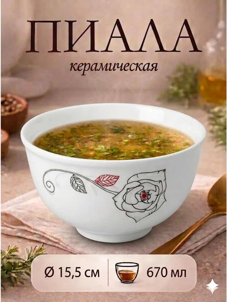 Керамическая пиала с розой 670 мл, белая