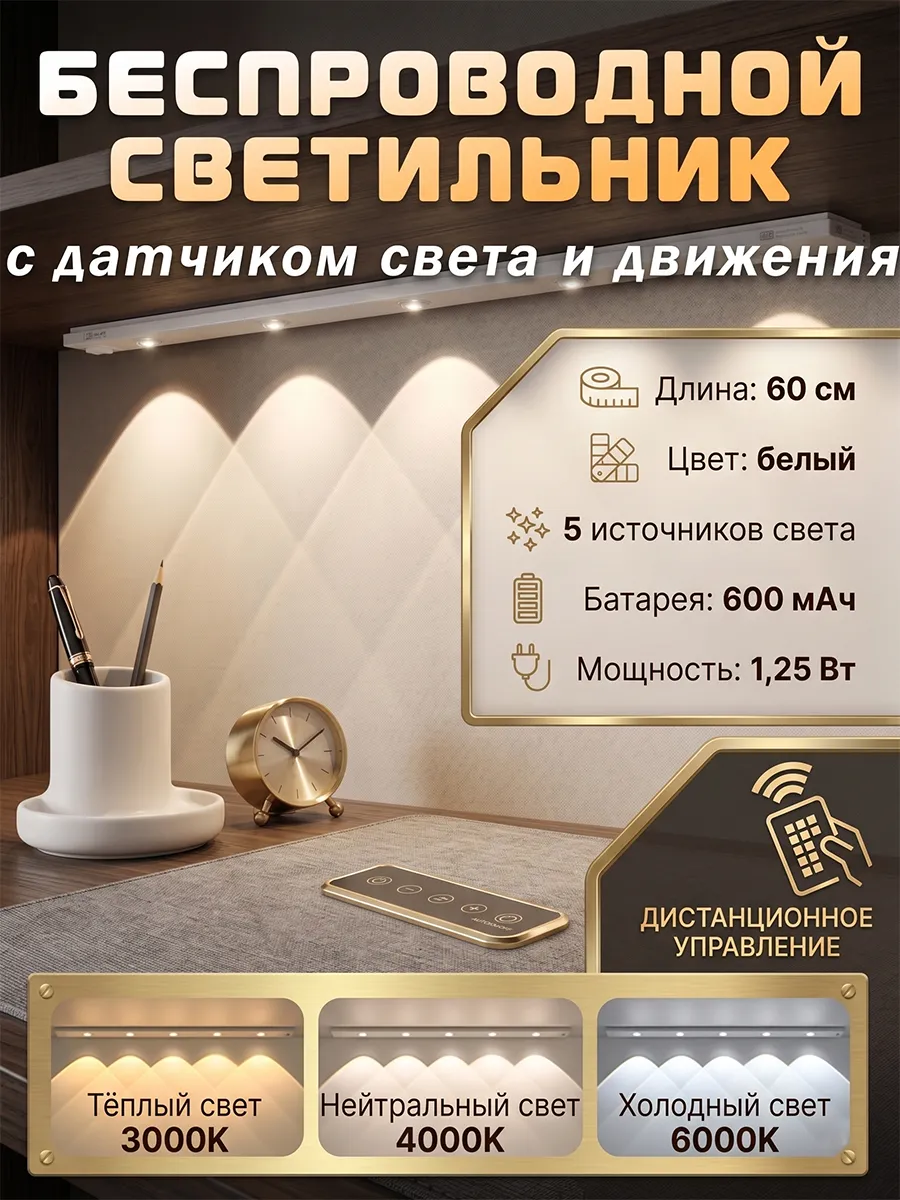 Светильник беспроводной светодиодный с датчиком движения 60