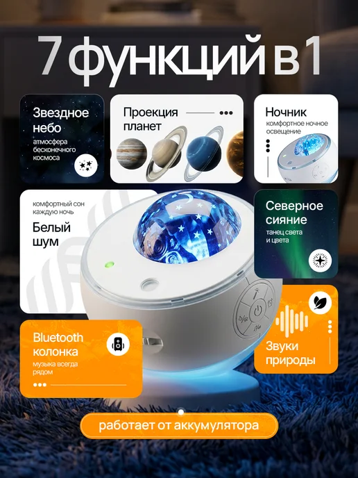 Атмосферно Ночник звездное небо проектор с белым шумом, белый, фото 2