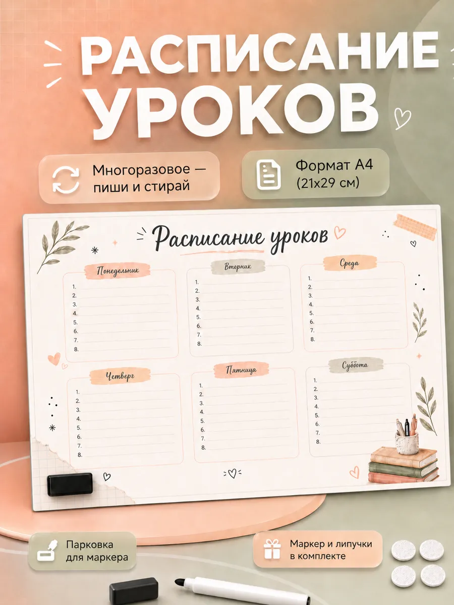 Расписание уроков многоразовое а4 с маркером и липучками