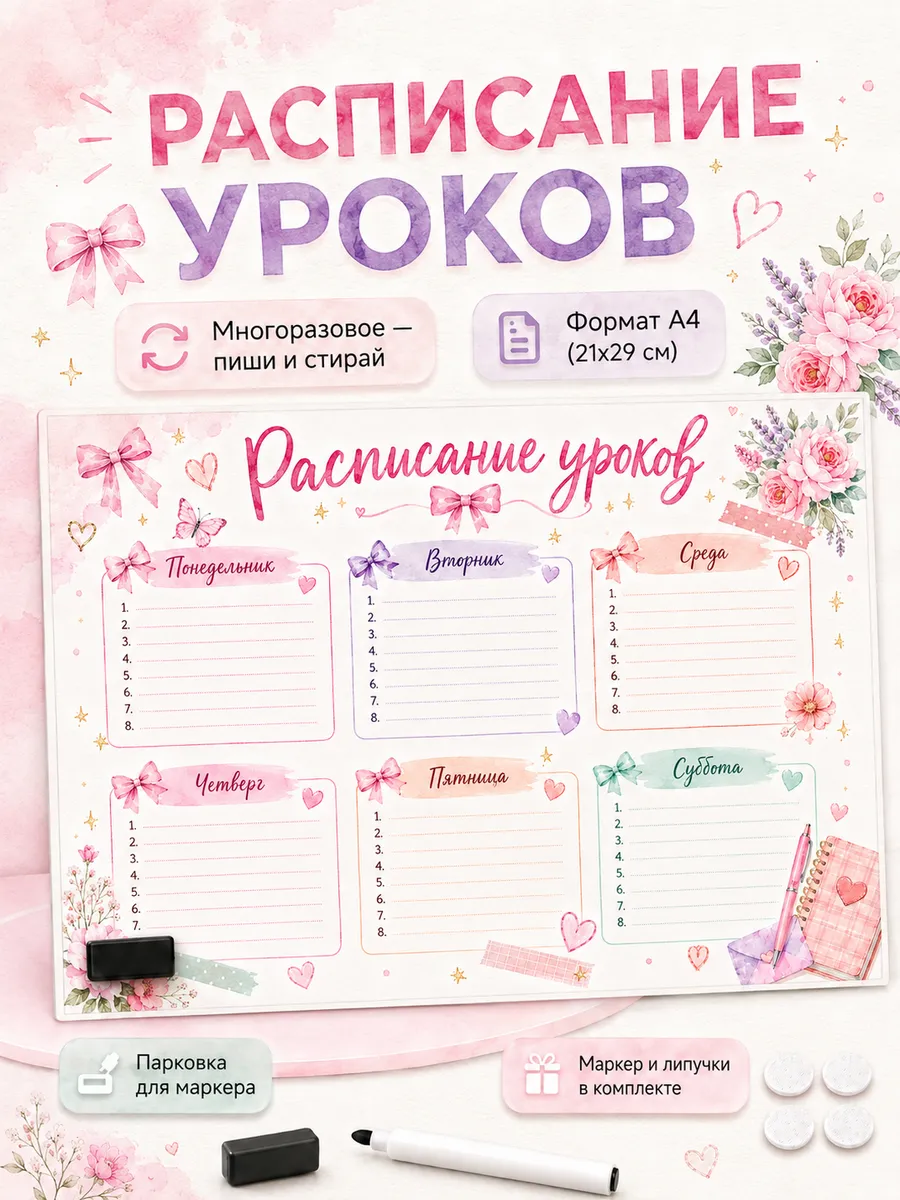 Расписание уроков многоразовое а4 с маркером и липучками