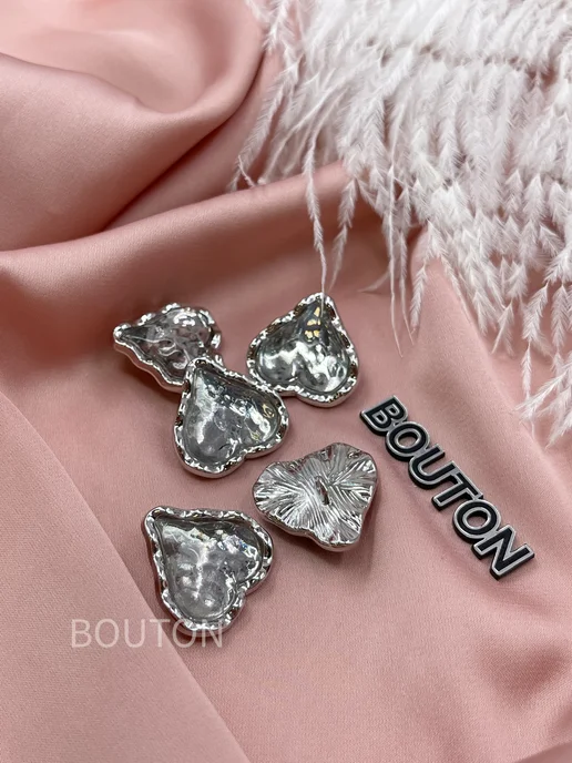 Boutonru Пуговицы сердечки серебристые голубые 5 шт, 5 шт, фото 2
