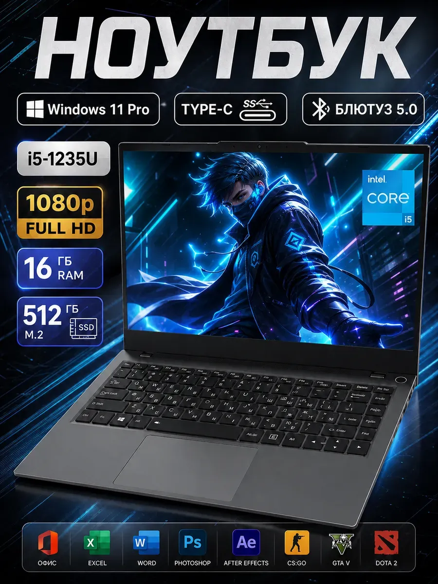 Ноутбук для работы и учебы 10-ядра IPS 16Gb SSD 512 Gb