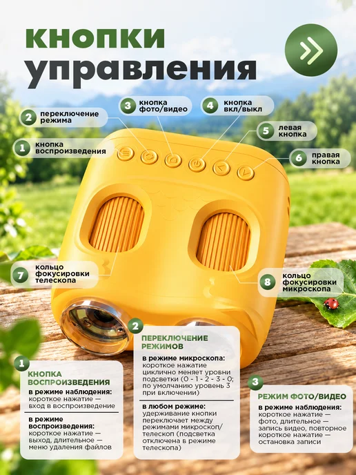 WALINUR Микроскоп бинокль детский карманный цифровой 2 в 1, желтый, фото 4