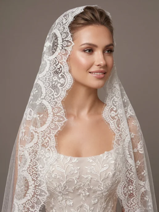 Фата испанка кружевная короткая, белый, фото 2