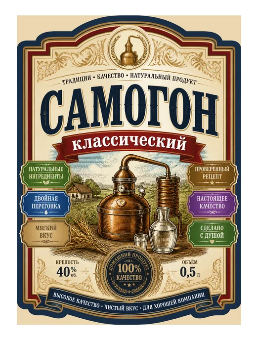 Самоклеящаяся этикетка на бутылку домашнего самогона, бежевый