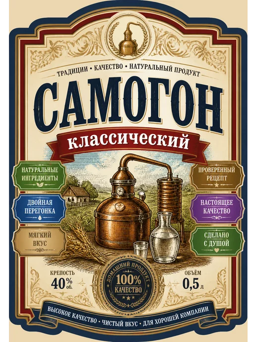 Самоклеящаяся этикетка на бутылку домашнего самогона, бежевый, фото 8