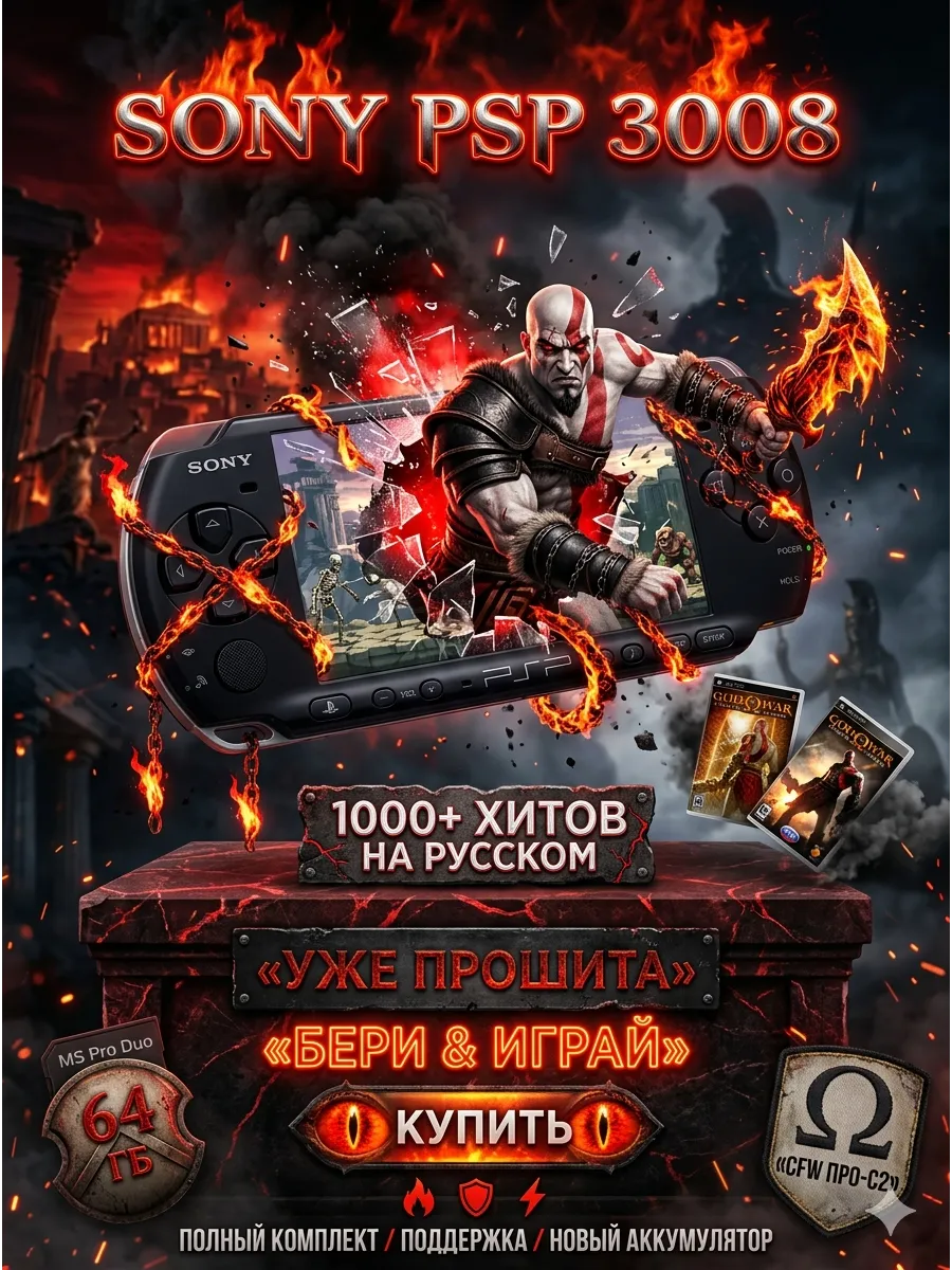 Sony игровые консоли Новая Sony PSP 3008 Slim 64Gb черная, 3020 ИГР